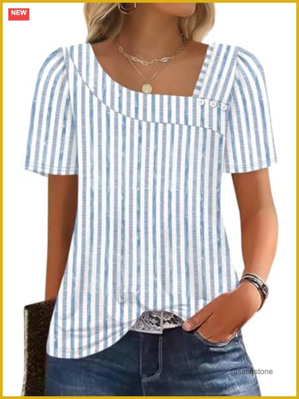 Square Neck Puff Sleeve Blouse Short Sleeve Summer Top